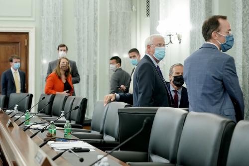 Committee Chairman Roger Wicker (R-MS) waits for Facebook CEO Mark Zuckerberg to fix a technical glitch with his connection during the Senate Commerce, Science, and Transportation Committee hearing 'Does Section 230's Sweeping Immunity Enable Big Tech Bad Behavior?', on Capitol Hill in Washington, DC, U.S., October 28, 2020. Greg Nash/Pool via REUTERS