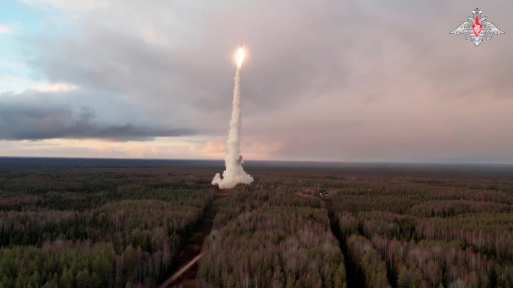 A Yars intercontinental ballistic missile is launched during a test from the Plesetsk cosmodrome in Northern Arkhangelsk region, Russia, in this still image taken from video released on October 29, 2024.