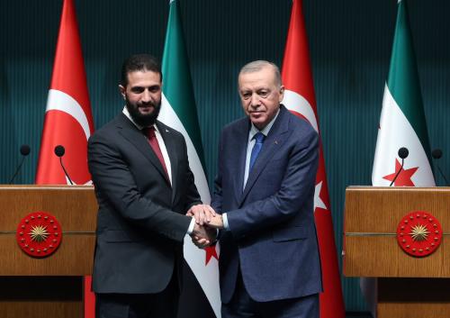 Turkish President Recep Tayyip Erdogan holds a joint press conference with Syria interim President Ahmed al-Sharaa in Ankara on Febuary 4, 2025. EYEPRESS via Reuters Connect.