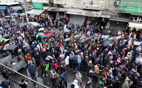 Demonstrators attend a protest against U.S. President Donald Trump's plan to resettle Palestinians from Gaza to Jordan, in Amman, Jordan, February 7, 2025.